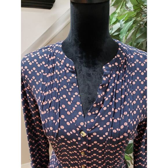 Anthropologie Maeve Navy Pink Polka Dot Long Sleeve Button Down V-Neck Blouse M - Picture 5 of 12